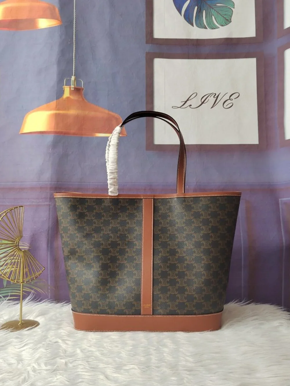 Triomphe Horizontal Tote Bag Brown Triomphe Canvas Calf Leather Trim Large